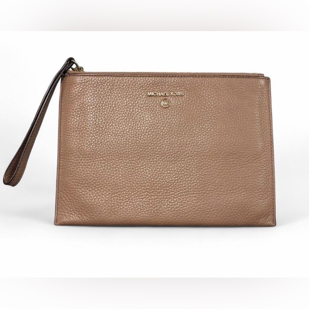 Michael Kors Beige Pebbled Leather Wristlet Clutch with Gold Hardware